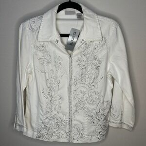 Chico's Platinum Denim‎ Jacket White Jewel Embellished 3/4 Sleeve Women 0 Sm NWT